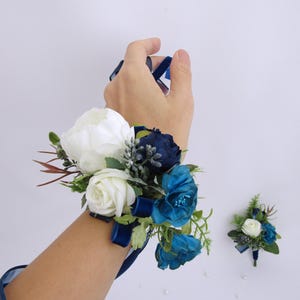 Corsage and Boutonniere Set, Prom Wrist Corsage, Navy Blue Rose Buttonhole, Bridesmaid Flower Bracelete