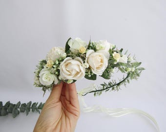 White Ivory Flower Crown, Flower Girl Crown, Flower Crown Wedding, Greenery hair crown, Bride Flower Crown, Flower Wreath