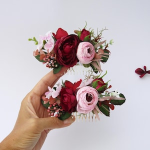Burgundy | Blush Pink flower comb prom, Maroon wedding hair comb, Dark red Fall Bridal floral hair accessory, Red wine Bridesmaid headpieces