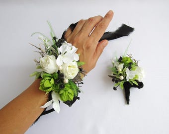 Black Emerald Corsage Boutonniere Set | Prom Wrist Corsage | Men Wedding Buttonhole | Bridal Floral Bracelet