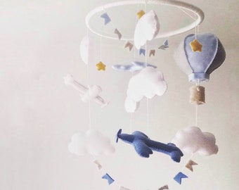 Airplane mobile baby, Blue baby mobile, Crib mobile boy, Cloud baby mobile, Baby mobile boy, Adventure nursery decor, Felt mobile