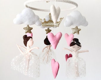 Baby mobile girl Ballerina white dress clouds and pink herts nursery decor cot mobile