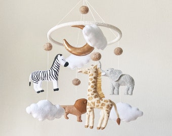 Baby mobile neutral animals Africa nursery mobile felt Africa safari giraffe, lion, zebra and elephant. Crib mobile