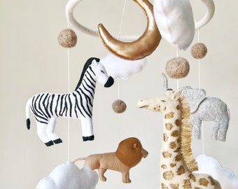 Baby mobile neutral animals Africa nursery mobile felt Africa safari giraffe, lion, zebra and elephant. Crib mobile moon and clouds mobile.