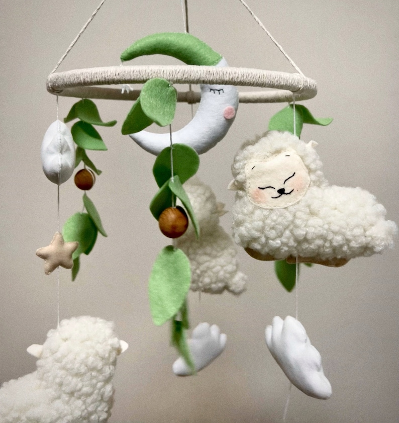 Baby mobile Sheep and Star, Neutral gift babyshower Nursery decor for girl and boy, Woodland crib mobile, New baby gift image 1