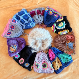 Handmade Blue Granny Square Crochet Beanie: Vintage Style Cotton Hat