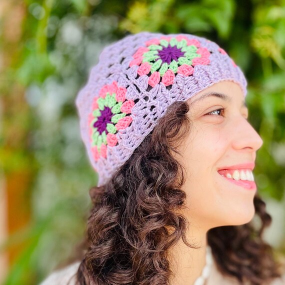 Pink Granny Square Crochet Beanie: 70s Style Cotton Knit Hat  display picture 1