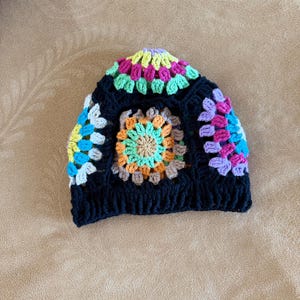 Handmade Crochet Granny Square Beanie: Black Cotton Boho Hat