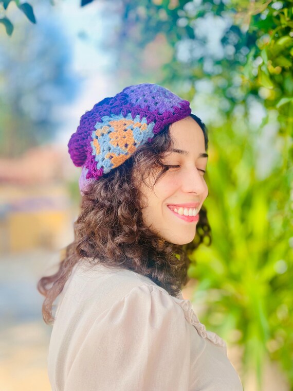 Handmade Purple Granny Square Crochet Beanie: Soft Cotton  display picture 3
