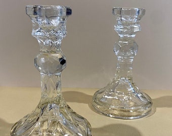 Pair of Vintage Glass Candlesticks: Elegant glass dinner candle holder. 1990s.