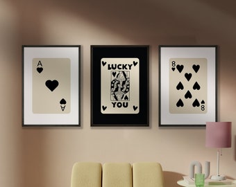 Trendy Retro Wall Art Set Of 3, Lucky You Poster, Black Ace Card Poster, Retro Trendy Aesthetic Print, Preppy Printable Wall Art, #8