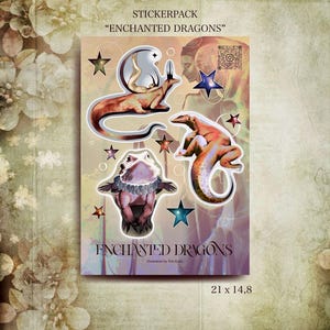 May include: A sticker pack titled ENCHANTED DRAGONS featuring three dragon illustrations, including one with a ruff collar, surrounded by stars and circles. The sheet measures 21 x 14.8 cm and includes a QR code and the text Illustration by Tori Koki.