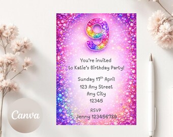 Bearbeitbare 9. Geburtstagseinladung, Regenbogen Glitter-Geburtstagsfeier einladen, printable 5 x 7 Digital Download,