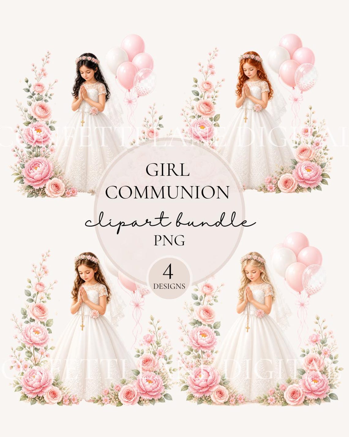Pink First Holy Communion Clipart Bundle, Girl Communion, Floral ...