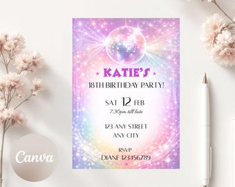 Bearbeitbare Party Einladung Digital Download, Pastell Disco Ball Geburtstag einladen, DIY druckbare 5x7 Einladungen