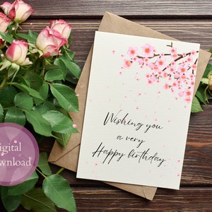 Ziemlich Kirschblüte druckbare Geburtstagskarte für sie, sofortiger Download, Drucken Sie Ihre eigene Karte, DIY Grußkarte, einzigartiges Blumenmuster