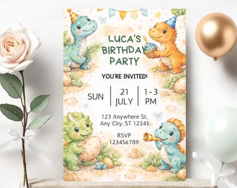 Bearbeitbare Dinosaurier-Geburtstagseinladung, Canva-Vorlage 5x7, Jungen-Party einladen, druckbare Kindergeburtstagseinladung, sofortiger Download