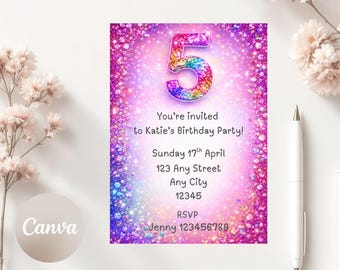 Bearbeitbare 5. Geburtstagseinladung, Regenbogen Glitter-Geburtstagsfeier einladen, printable 5 x 7 Digital Download,