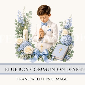 Puede incluir: Ilustración en acuarela de un niño con traje blanco, con las manos juntas en oración, rodeado de flores azules y blancas, una vela y una biblia. También hay un lazo azul y una cruz. El texto dice "BLUE BOY COMMUNION DESIGN".