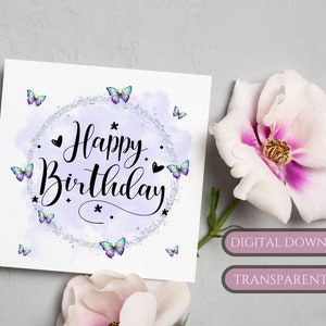 Cartão de aniversário DIY para impressão com tema de borboleta, baixe a sua própria impressão, arquivos digitais para uso em pequenas empresas, clipart de aniversário transparente