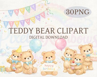 Teddybär Geburtstag digitale Clipart PNG Bundle, Aquarell Geburtstag Bär, niedlichen Geburtstag Clipart Set, 30 Bilder, Sofort Download Wohnkultur