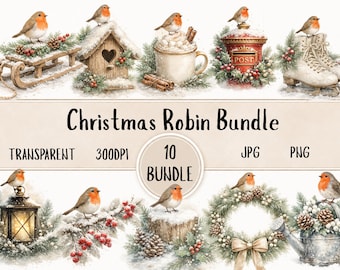 Weihnachts-Rotkehlchen-Clipart-Bundle, Aquarell-Wintervogel (PNG), Rotkehlchen-Weihnachtskranz-Clipart, Skandinavischer Wald (Digitaler Download)