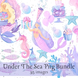 Pacote de sereia png sob o mar, clipart de festa de aniversário de sereia, sereia em aquarela, pacote de sublimação de oceano bonito, elementos de tema de mar