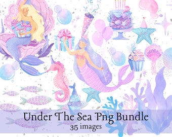 Unter dem Meer Meerjungfrau Png-Bundle, Meerjungfrau-Geburtstagsfeier Clipart, Aquarell Meerjungfrau, hübsches Ozean-Sublimations-Bundle, Meer-Thema-Elemente