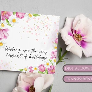 Cartão de aniversário para impressão com lindas flores rosas e narcisos brancos, cartão de felicitações faça você mesmo de 6x6", imprima seus próprios cartões, uso comercial