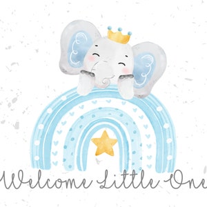 Blu Nuovo Bambino Elefante Arcobaleno Sublimazione PNG, Nuovo Bambino Maschio PNG Design, Bambino Blu Acquerello, Arredamento per la cameretta, Clipart digitale per bambini,