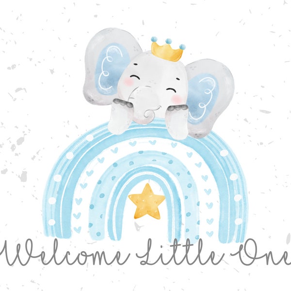 Blue New Baby Elephant Rainbow Sublimation PNG, New Baby Boy PNG Design, Baby Blue Watercolour, Nursery Decor, Baby Digital Clipart,