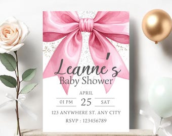 Bearbeitbare rosa Babypartyeinladung, Canva Vorlage 13x18, druckbare Mädchen-Babypartyeinladung, Sofort Download