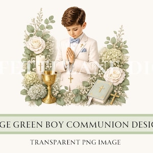 Puede incluir: Ilustración digital de un niño con traje blanco, manos juntas en oración, rodeado de flores, un cáliz, una biblia y una vela. La imagen tiene el texto "SAGE GREEN BOY COMMUNION DESIGN" y "TRANSPARENT PNG IMAGE".