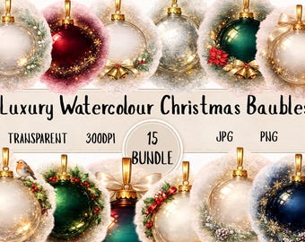 Weihnachtskugel-Clipart-Bundle (PNG, JPG), luxuriöse Aquarell-Weihnachtsornament-Cliparts, transparente Weihnachtsgrafiken, digitaler Download