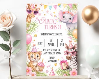 Bearbeitbare Safari Geburtstagseinladung, Canva Vorlage 5x7, Mädchen Party einladen, druckbare Kindergeburtstagseinladung, Sofort Download