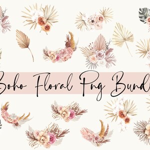 Bundle Png aquarelle de fleurs bohèmes, fleurs bohèmes, fleurs et feuilles tropicales, fleurs botaniques séchées, cliparts de la pampa, tons neutres et roses