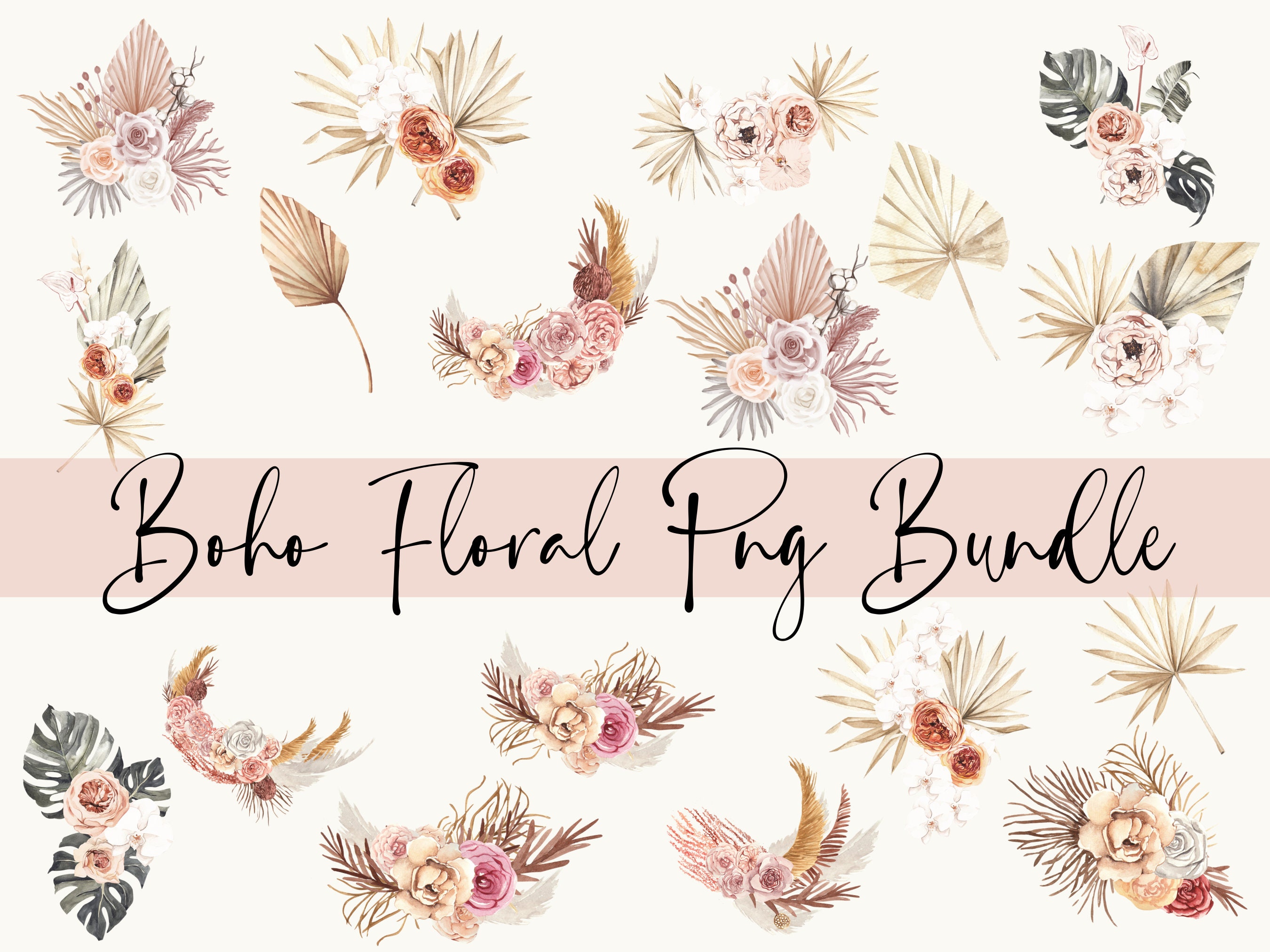 Boho Flower Watercolour Png Bundle, Boho Flowers, Tropical Flowers and