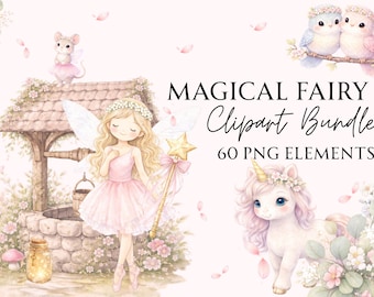Pastell Feen Clipart Bundle, Feen Tiere & magische Elemente Kinderzimmer und Geburtstag digitaler Download