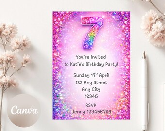 Bearbeitbare 7. Geburtstagseinladung, Regenbogen Glitter-Geburtstagsfeier einladen, printable 5 x 7 Digital Download,