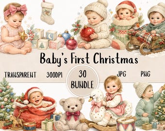 Clipart-Paket „Babys erstes Weihnachtsfest“, 30 Aquarell-Babybilder (PNG und JPG), festlicher digitaler Download für Jungen und Mädchen