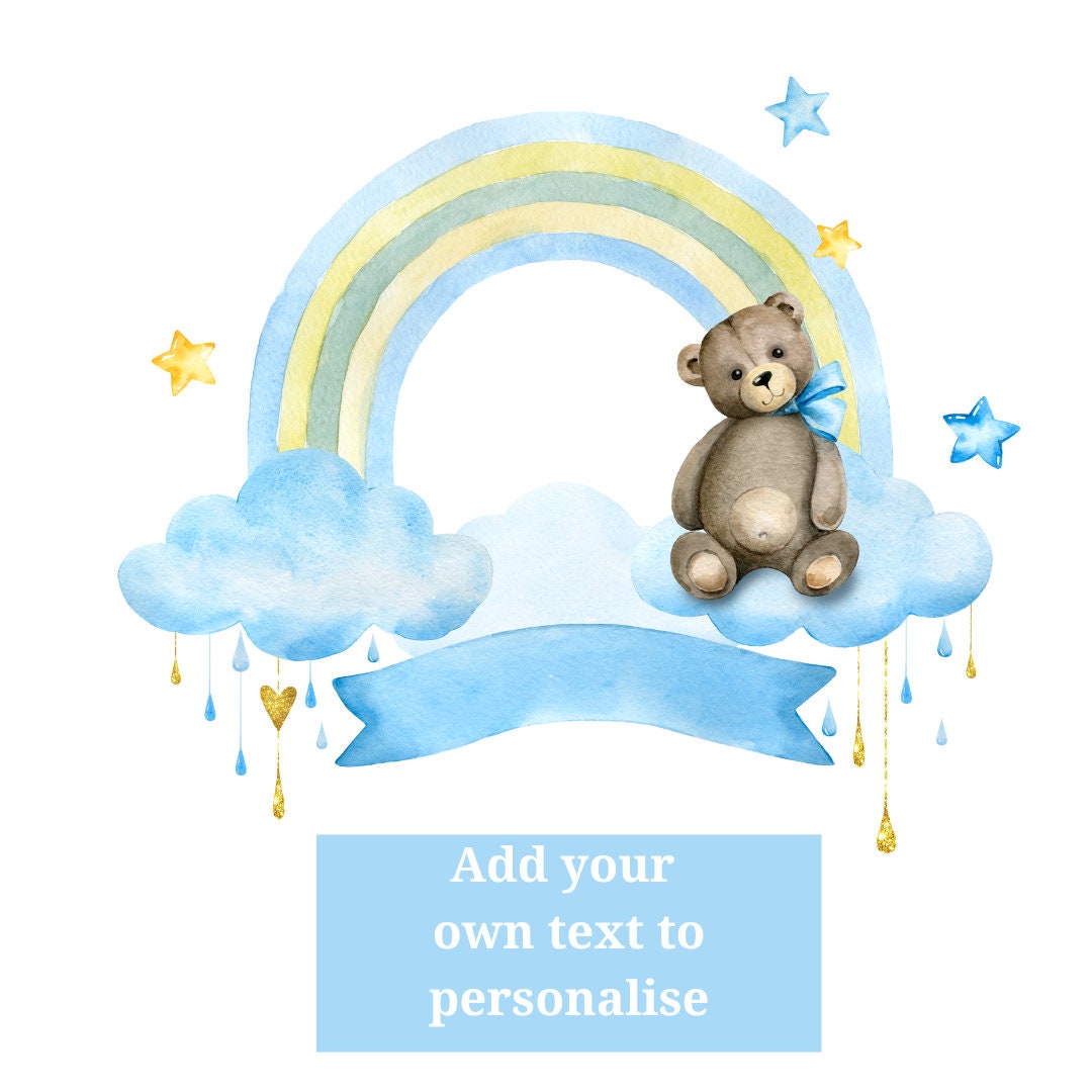 Teddy Bear & Blue Rainbow, Baby Boy PNG Design, New Baby Boy Digital