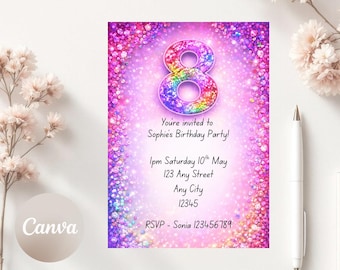 Bearbeitbare 8. Geburtstagseinladung, Regenbogen Glitter-Geburtstagsfeier einladen, printable 5 x 7 Digital Download,