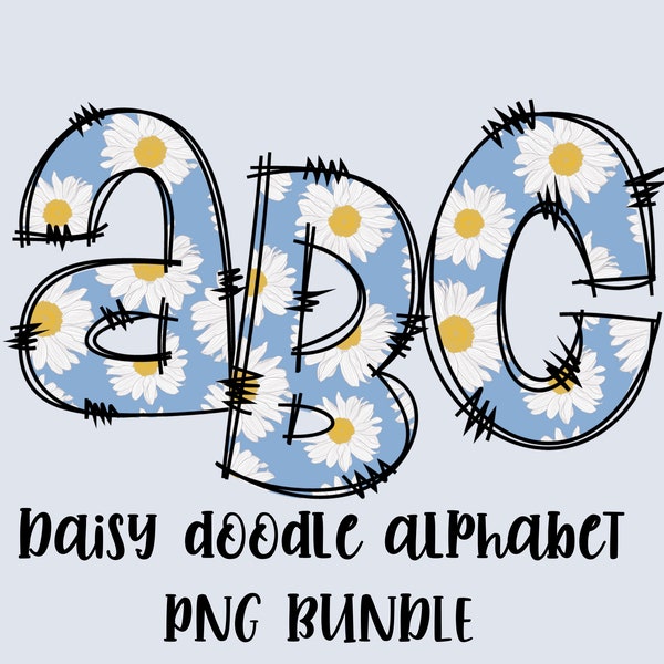 Daisy Doodle Alphabet PNG, Hand Drawn Alphabet, Daisy Flower Pattern, Sublimation PNG Bundle,  Digital Alphabet Set