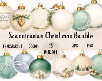 Skandinavische Weihnachtskugel-Clipart-Sammlung, nordische Aquarell-Ornamente (PNG, JPG), Weihnachts-Clipart, Clipart-Bildpaket zum digitalen Download