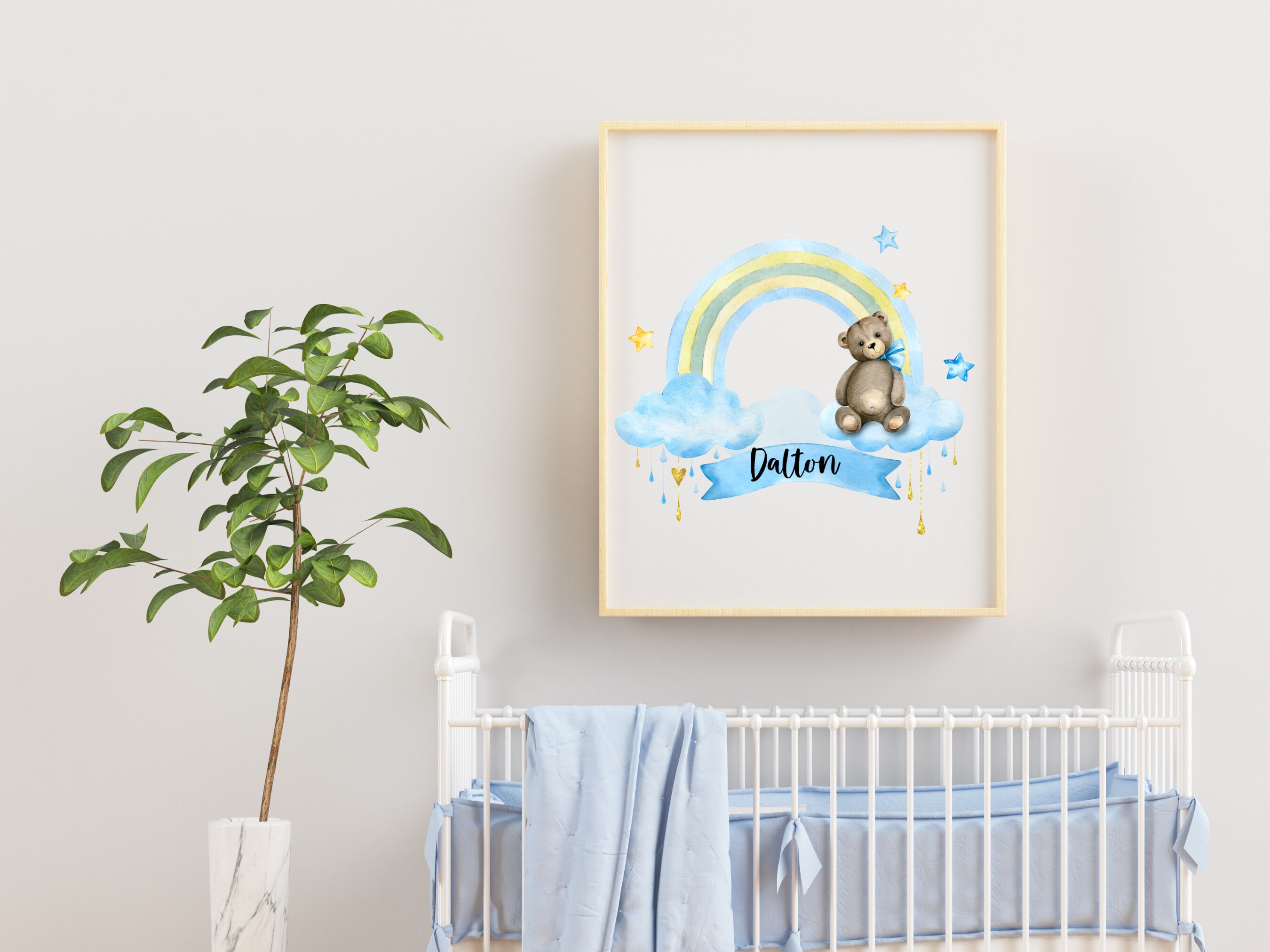 Teddy Bear & Blue Rainbow, Baby Boy PNG Design, New Baby Boy Digital
