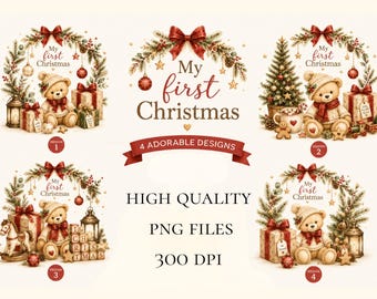 Mein erstes Weihnachten PNG Bundle, Baby 1. Weihnachten Clipart Set, Aquarell Teddybär Weihnachtsdesigns, festliche Sublimations digitale Dateien