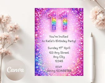 Bearbeitbare 11. Geburtstagseinladung, Regenbogen Glitter-Geburtstagsfeier einladen, printable 5 x 7 Digital Download,