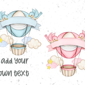 Mongolfiera rosa e blu PNG, Clipart per bambini, Download digitale di uccelli e nuvole, Clipart per neonati, Immagine PNG personalizzata