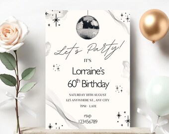 Bearbeitbare Disco Ball Party Einladung, Canva Vorlage 5x7, Geburtstagseinladung für Erwachsene, druckbare Partyeinladung zum 60