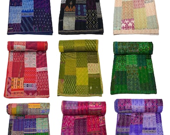 Indian Handmade Kantha Quilt, Vintage Silk Sari Patchwork Bedcover